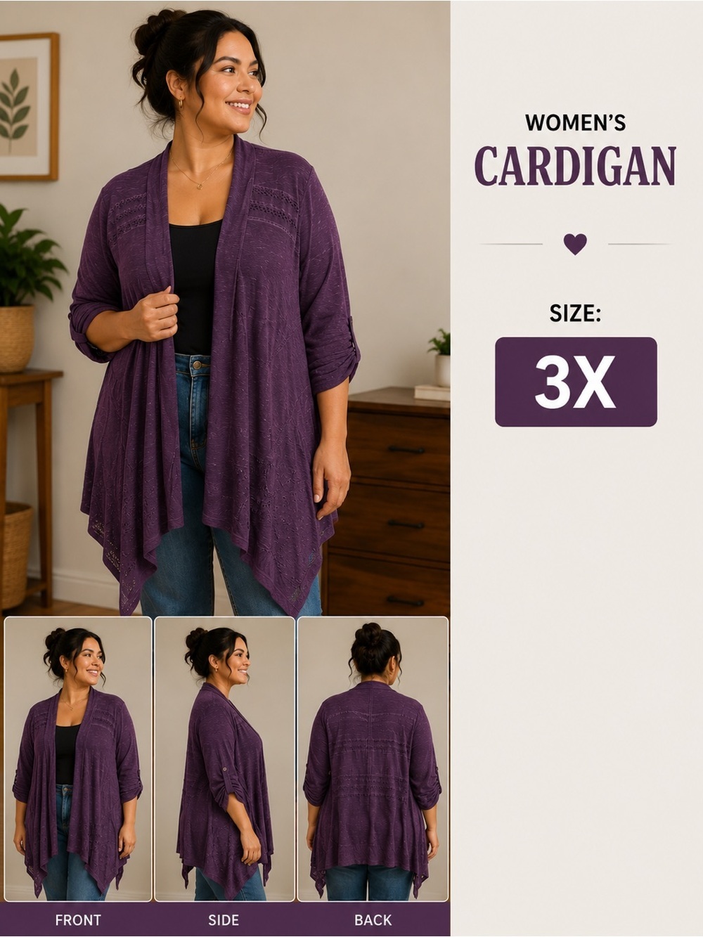 Absolutely Purple Lightweight Open Front Cardigan size 3X